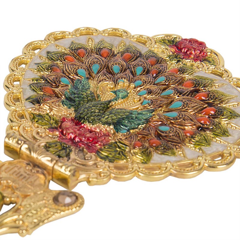 Nerien Antique Mirror Comb Set - Vintage Metal Embossed Rose Handheld & Tabletop Stand Makeup Mirror - Peacock Heart-Shaped - Gold - Image 5